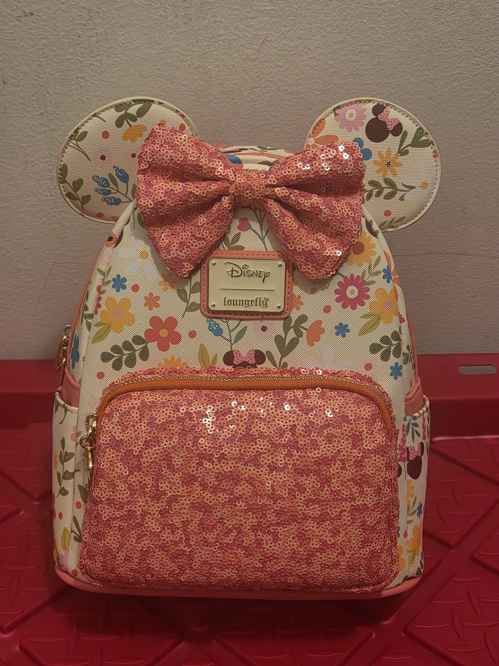 Loungefly Kids Coral Sequin Bow Floral Ear Mini Backpack